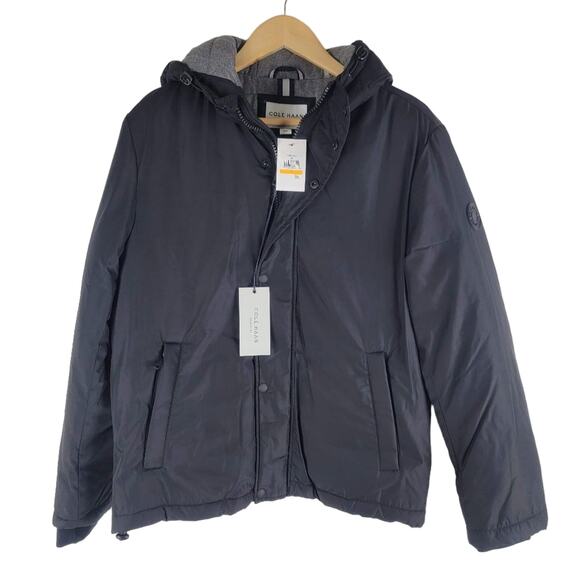 NEW Cole Haan Signature Hooded Oxford Jacket Black Full Zip Size S - Picture 1 of 6